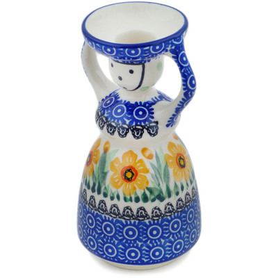 Polish Pottery Candle Holder 6&quot; Yellow Daffodil Field UNIKAT