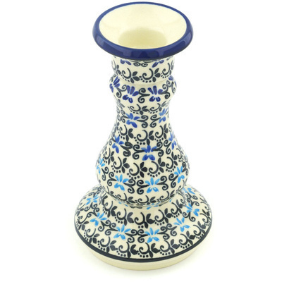 Polish Pottery Candle Holder 7&quot; Black And Blue Lace
