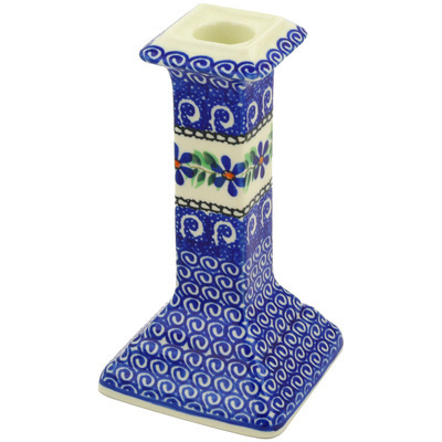 Polish Pottery Candle Holder 7&quot; Blue Daisy Swirls