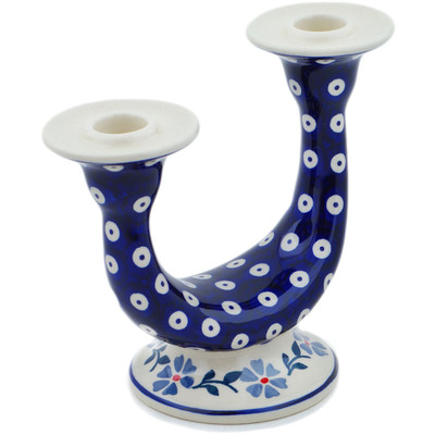 Polish Pottery Candle Holder 7&quot; Peacock Forget-me-not