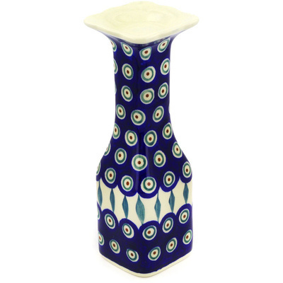 Polish Pottery Candle Holder 9&quot; Peacock Leaves