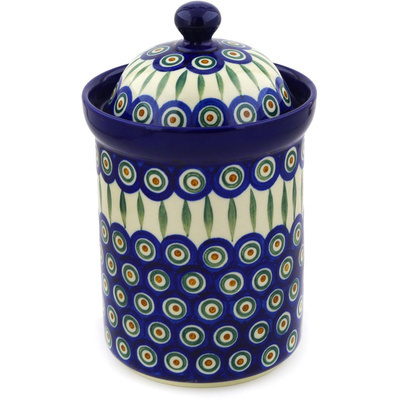Polish Pottery Canister 9&quot; Peacock Leaves