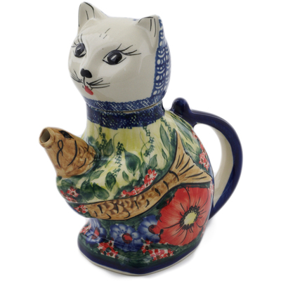 Polish Pottery Cat and Fish Creamer 17 oz The Meadow In The Early Morning UNIKAT