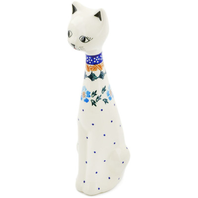 Polish Pottery Cat Figurine 10&quot; Blue Cornflower