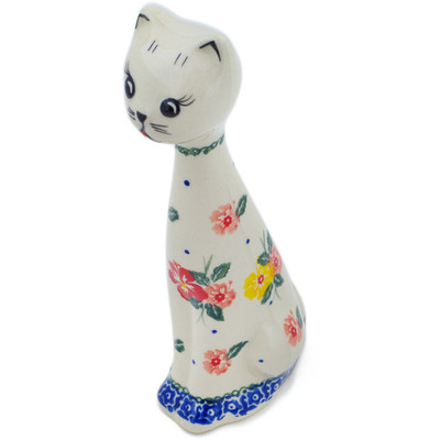 Polish Pottery Cat Figurine 10&quot; Hibiscus Splendor