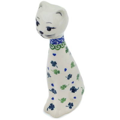 Polish Pottery Cat Figurine 10&quot; Lucky Clovers