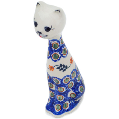 Polish Pottery Cat Figurine 10&quot; Sunflower Peacock