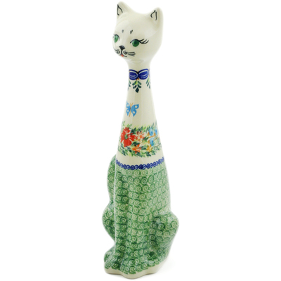 Polish Pottery Cat Figurine 11&quot; Ring Of Flowers UNIKAT