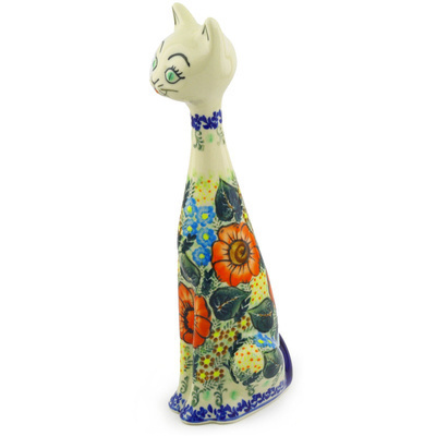 Polish Pottery Cat Figurine 13&quot; Bold Poppies UNIKAT