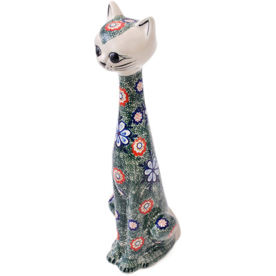 Polish Pottery Cat Figurine 17&quot; Flower Lace