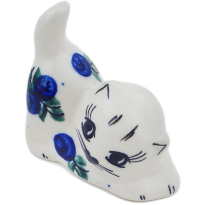 Polish Pottery Cat Figurine 2&quot; Blue Berry Special UNIKAT