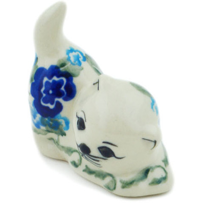 Polish Pottery Cat Figurine 2&quot; Blue Kiss Blooms