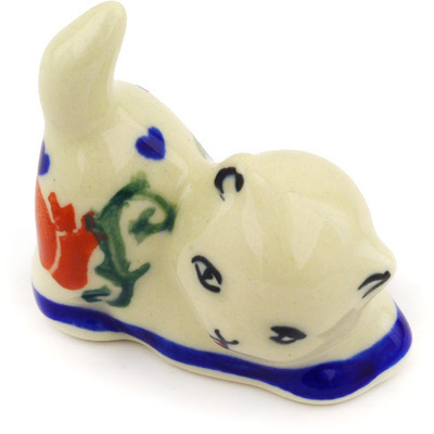 Polish Pottery Cat Figurine 2&quot; Butterfly Tulips