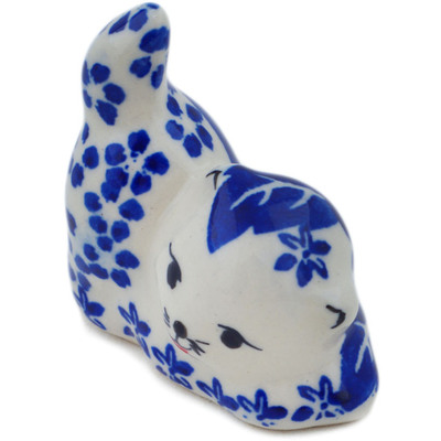 Polish Pottery Cat Figurine 2&quot; Cobalt Fantasy