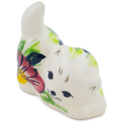 Polish Pottery Cat Figurine 2&quot; Maroon Blossoms UNIKAT