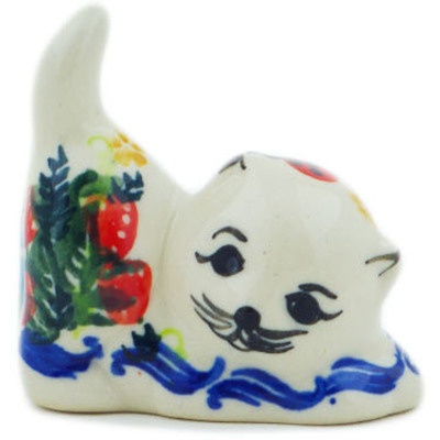Polish Pottery Cat Figurine 2&quot; Spring  Garden Berries UNIKAT