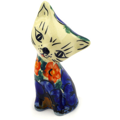 Polish Pottery Cat Figurine 3&quot; Aztec Flowers UNIKAT