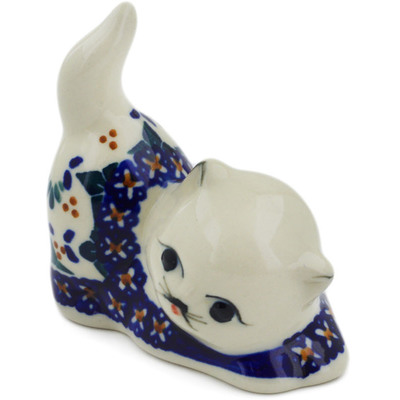 Polish Pottery Cat Figurine 3&quot; Blue Cress