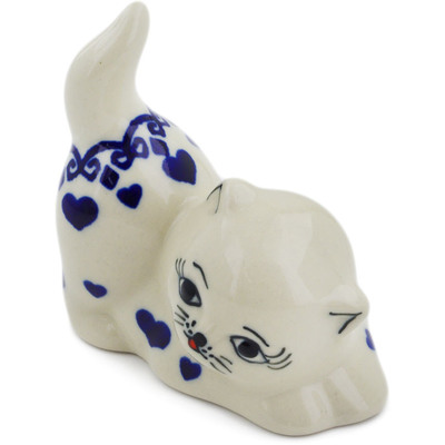 Polish Pottery Cat Figurine 3&quot; Blue Valentine Hearts