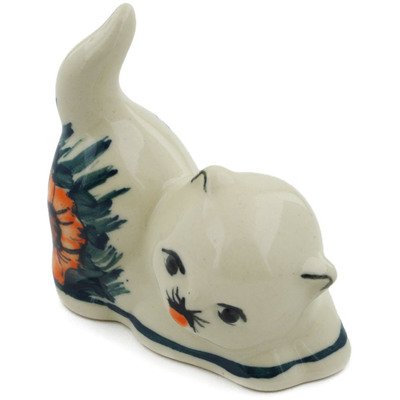 Polish Pottery Cat Figurine 3&quot; Butterfly Splendor UNIKAT