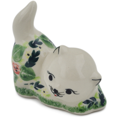Polish Pottery Cat Figurine 3&quot; Flor-de-lis UNIKAT