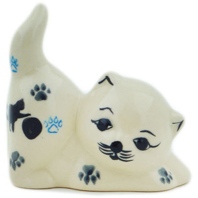 Polish Pottery Cat Figurine 3&quot; Kitty Paw Play Time