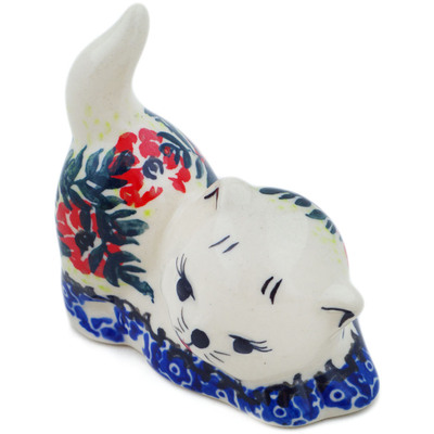 Polish Pottery Cat Figurine 3&quot; Red Wreath