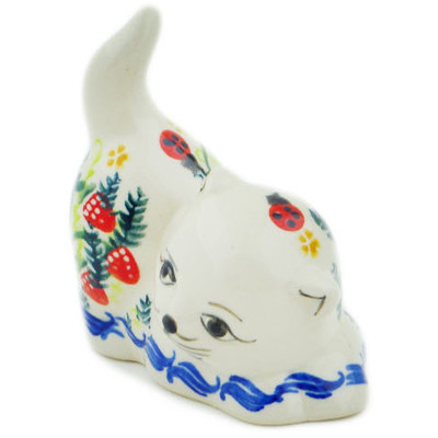 Polish Pottery Cat Figurine 3&quot; Spring  Garden Berries UNIKAT
