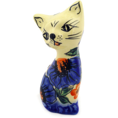 Polish Pottery Cat Figurine 4&quot; Aztec Flowers UNIKAT