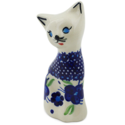 Polish Pottery Cat Figurine 4&quot; Bleu-belle Fleur