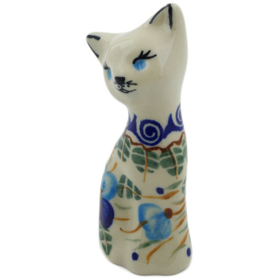 Polish Pottery Cat Figurine 4&quot; Blue Pansy