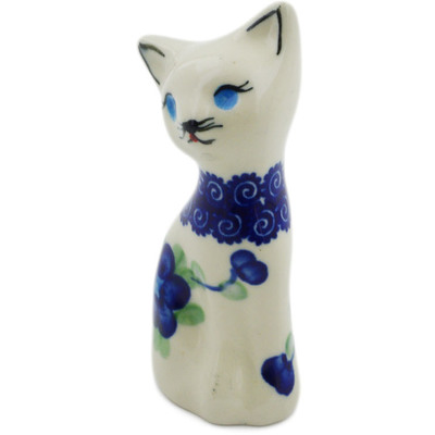 Polish Pottery Cat Figurine 4&quot; Blue Poppies