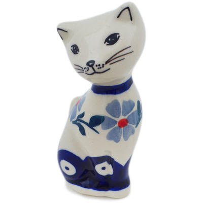 Polish Pottery Cat Figurine 4&quot; Peacock Forget-me-not