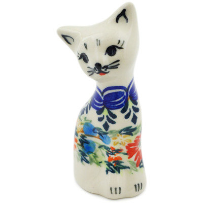 Polish Pottery Cat Figurine 4&quot; Ring Of Flowers UNIKAT