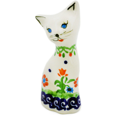 Polish Pottery Cat Figurine 4&quot; Spring Flowers