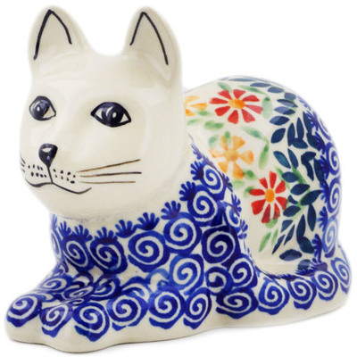 Polish Pottery Cat Figurine 5&quot; Wave Of Flowers