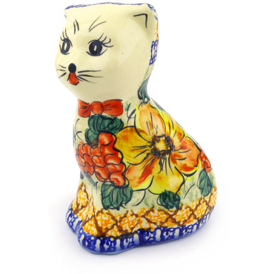 Polish Pottery Cat Figurine 6&quot; Colorful Bouquet UNIKAT