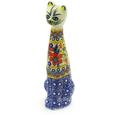 Polish Pottery Cat Figurine 6&quot; Summer Bouquet UNIKAT