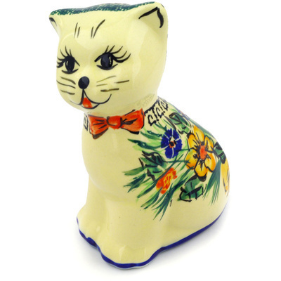 Polish Pottery Cat Figurine 6&quot; Yellow Flower UNIKAT