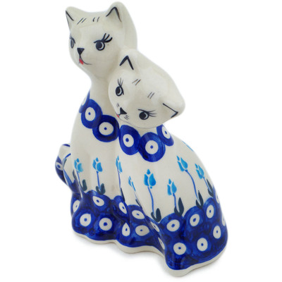 Polish Pottery Cat Figurine 7&quot; Peacock Tulip Garden