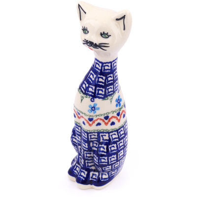 Polish Pottery Cat Figurine 8&quot; Little Blue Flowers