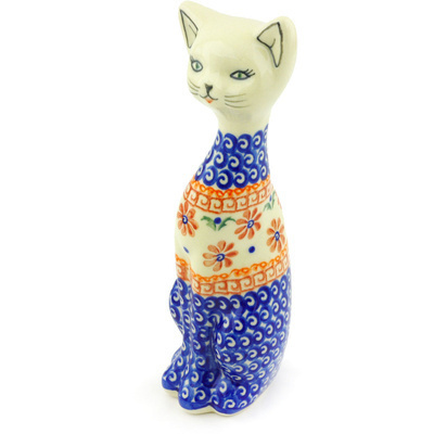 Polish Pottery Cat Figurine 8&quot; Red Daisy