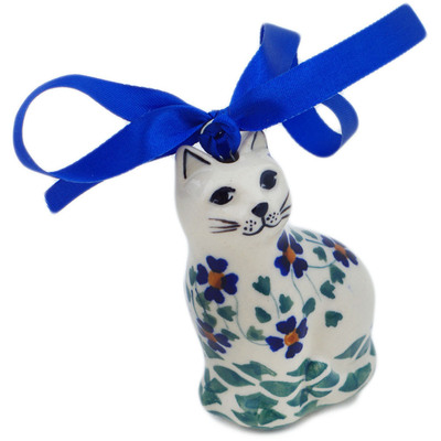 Polish Pottery Cat Ornament 2 oz Lucky Blue Clover