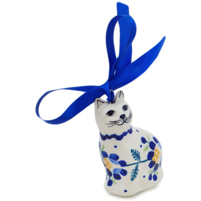 Polish Pottery Cat Ornament 2 oz Orange And Blue Flower