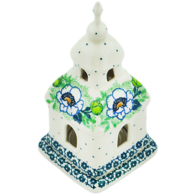 Polish Pottery Chapel Candle Holder 6&quot; Green Flora