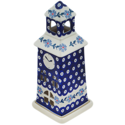 Polish Pottery Chapel Candle Holder 8&quot; Peacock Forget-me-not