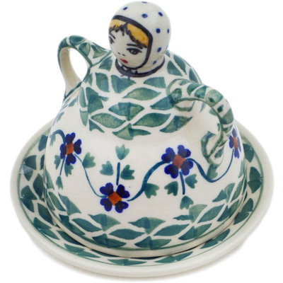 Polish Pottery Cheese Lady 4&quot; Lucky Blue Clover