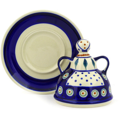 Polish Pottery Cheese Lady 5&quot; Peacock Leaves