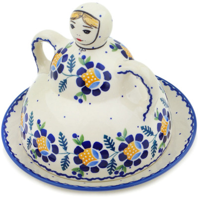 Polish Pottery Cheese Lady 8&quot; Orange And Blue Flower