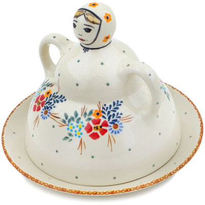 Polish Pottery Cheese Lady 8&quot; Rustic Field Flowers Red